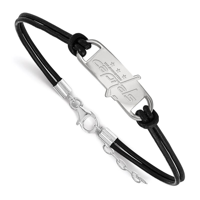 Sterling Silver & Leather Nhl Capitals Adj. Bracelet